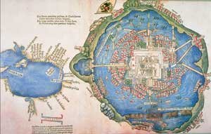 Carte de 1524 de l'imposante  cité de Tenocthtitlan, réalisée à partir d'un croquis des conquérants espagnols. Au centre de la  ville, le nombril du monde et son imposant temple.