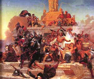 Les violents combats entre conquistadors et Aztèques. Les uns luttent pour l'obtention de richesses, les autres pour leur survie. Peinture d'Emanuel Gottlieb Leutze.