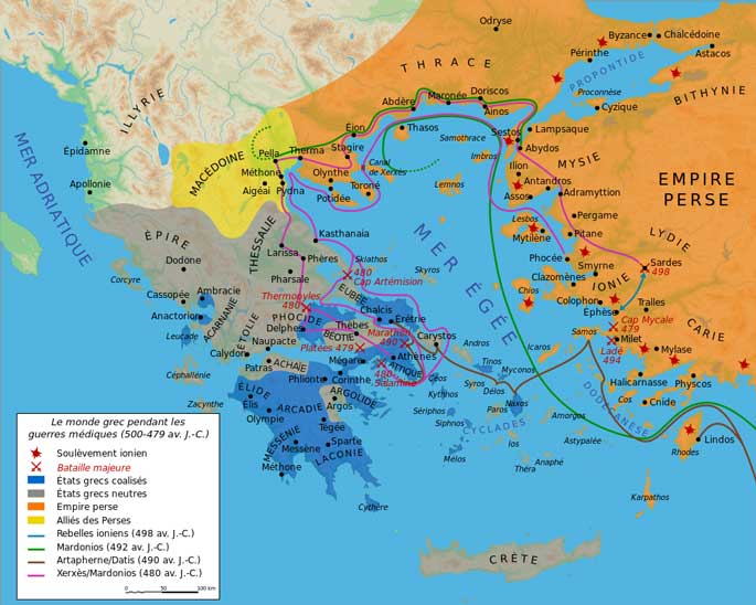 Carte représentant le monde grec durant son conflit avec la Perse de Darius Ier puis Xerxès.