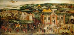 The Field of the Cloth of Gold, probablement peint pour Henri VIII (1545), huile sur toile. Source : http://www.royalcollection.org.uk/collection/405794/the-field-of-the-cloth-of-gold