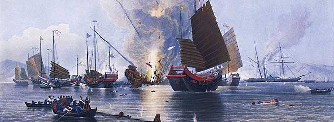 La Nemesis détruit les jonques de guerre chinoises dans le delta de la rivière des Perles le 7 janvier 1841 lors de la Seconde bataille de Chuenpee. Oeuvre d'Edward Duncan (1843). source : http://ocw.mit.edu/ans7870/21f/21f.027/opium_wars_01/ow1_gallery/index.htm#82