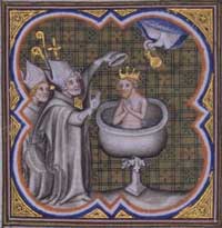 Baptême de Clovis. Il est baptisé par saint Remy, l'évêque de Reims. Le Saint-Esprit apporte la sainte Ampoule contenant le saint chrême qui servit à l'onction des rois de France.