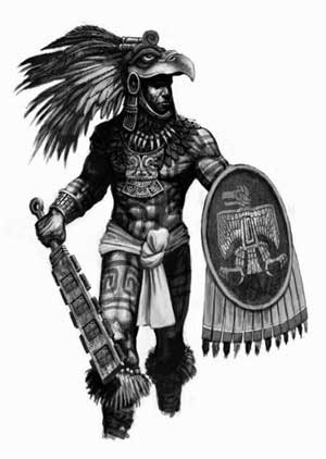 Le guerrier aigle est son macuahuitl composée de pierres d'obsidiennes tranchantes.