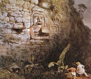 Énigmatique monument maya dessiné par l'illustrateur Frederick Catherwood qui participa à plusieurs expéditions au XIXème siècle.