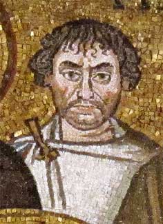 Homme traditionnellement identifié comme Narsès, sur une mosaique de la basilique de Saint-Vital à Ravenne représentant Justinien et son entourage.