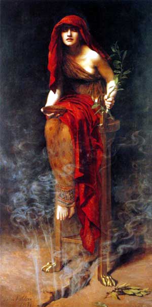 La Pythie, jeune femme vierge dont la vie toute entière est dévolue au dieu Apollon. Tableau de John Collier, Prêtresse de Delphes, 1891, musée national d'Australie-Méridionale (Adélaïde)