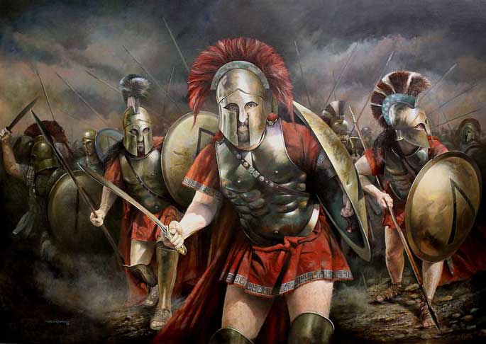 Représentation fantasmée d'hoplites spartiates à la bataille des Thermopyles.