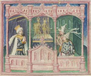 Lodbrok avec ses fils Hyngwar et Ubba. Miniature du XVème siècle.