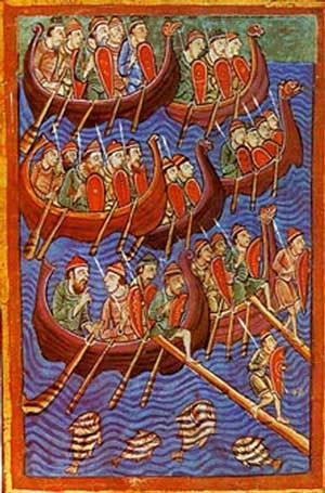 Représentation des Vikings datant du XIIème siècle : les Danois sur le point d’envahir l’Angleterre. Enluminure attribuée à « Maître Alexis ».