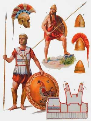À gauche, hoplite portant le linothorax et un casque chalcidien moins étouffant que le corinthien, et à droite, hoplite Spartiate de l'époque classique.