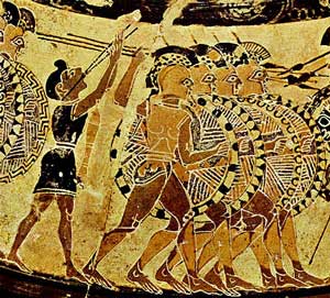 À gauche joueur de diaulos accompagnant la phalange d'hoplites.