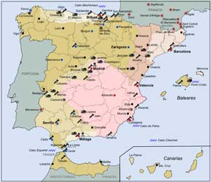 Carte résumant les opérations durant la guerre civile espagnole