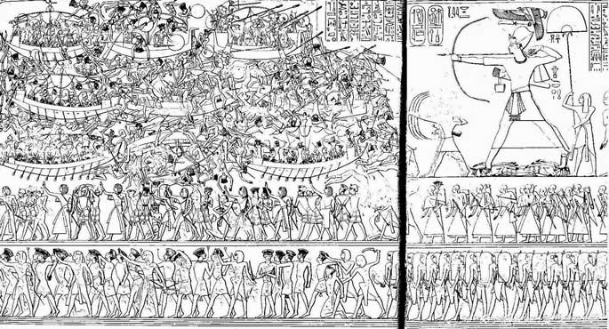 Ramsès III face aux Peuples de la mer, d'après un bas-relief de Medinet Habou.
