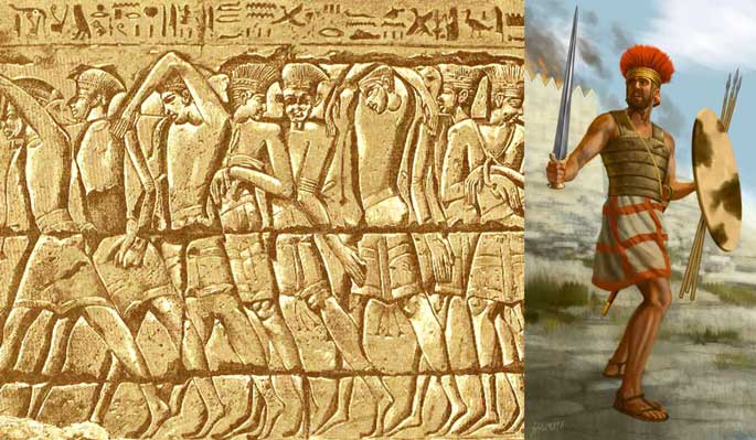Bas relief de Medinet Habou représentant les Peuples de la Mer où l'on peut distinguer la coiffe qu'il porte sur la tête.