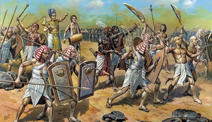 Illustration de l'armée de Ramsès III au combat.