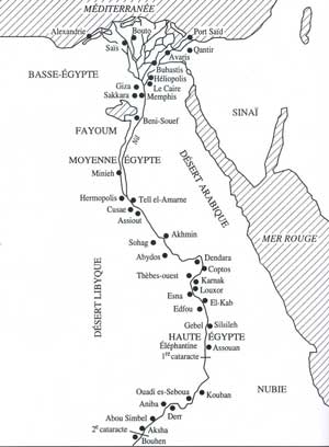 Carte de l'Egypte: Le Nil divise le pays en deux du sud vers le nord.