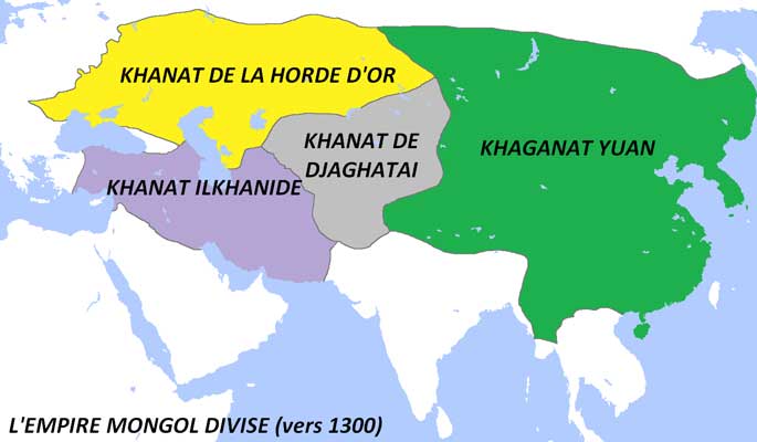 Carte representant la division de l'Empire Mongol peu de temps après la Mort de Kubilan Khan.
