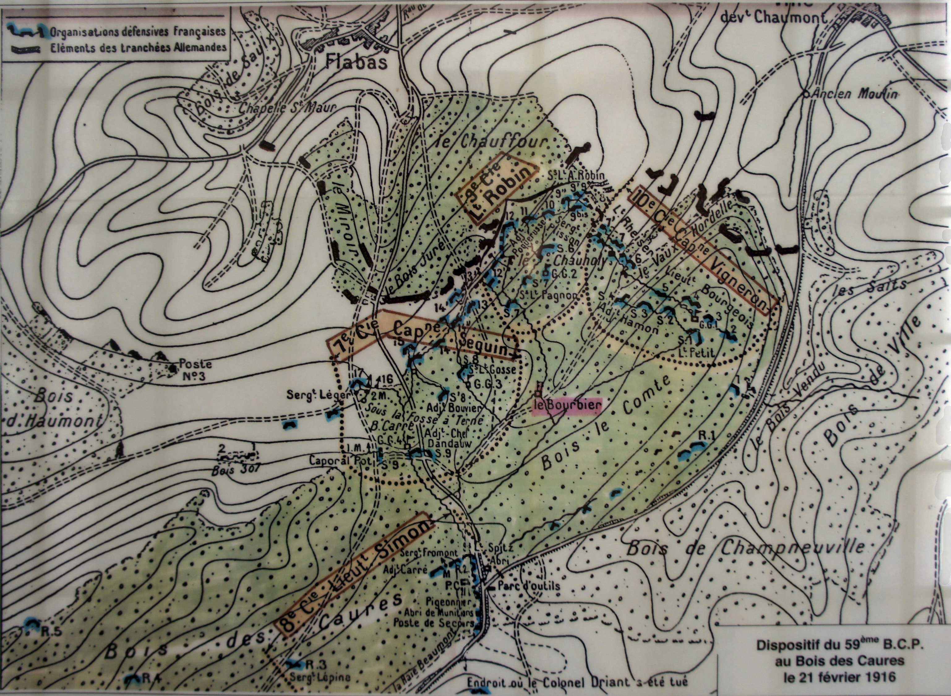 Plan des positions françaises du bois des Caures avant l'attaque.