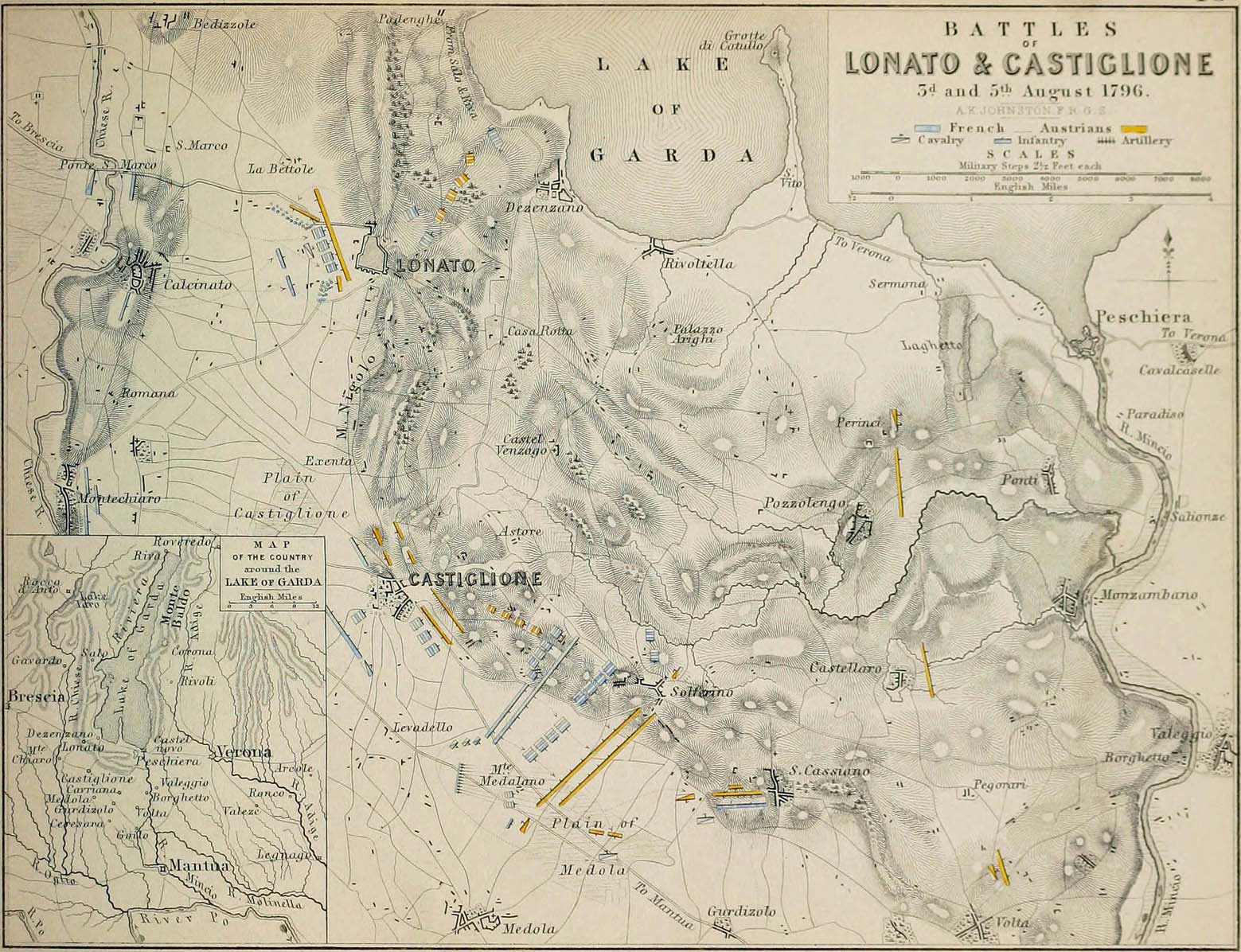 Carte des manoeuvres effectuées lors de la Bataille de Castiglione du 3 au 5 août 1796.