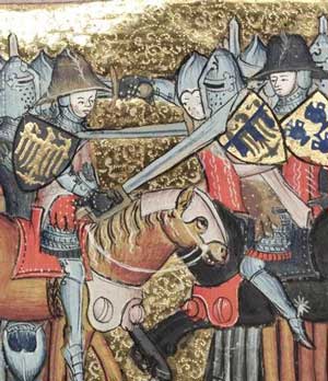 Combat médiéval montrant l'utilisation de fauchons à deux mains.