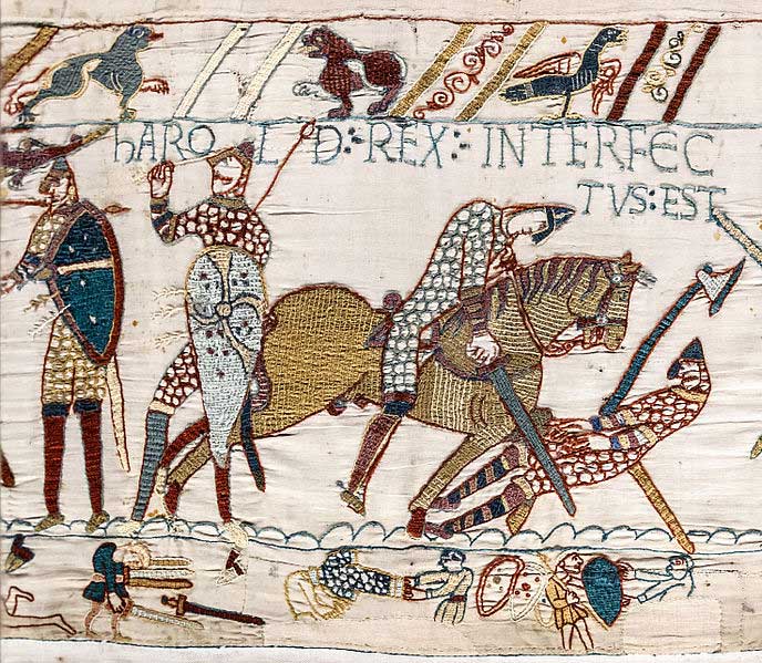 Tapisserie de Bayeux - Scène 57 : la mort du roi Harold à la bataille d'Hastings.