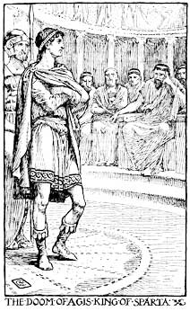 La condamnation d'Agis, roi de Sparte, gravure de Walter Crane pour The Children's Plutarch: Tales of the Greeks de F.J. Gould, 1910