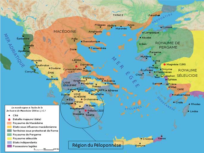 Carte du monde hellénique à l'avènement de Cléomène III.