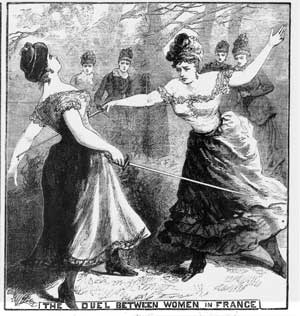 Duel à l'épée entre femmes, dessin paru dans l'Illustrated Police News, 10 avril 1886.