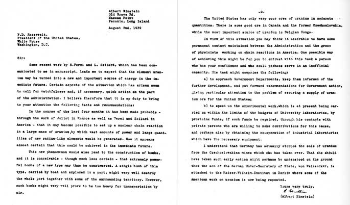 Facsimile de la lettre Einstein-Szilárd au président des États-Unis F. D. Roosevelt