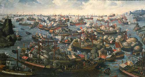 La bataille de Lépante de 1571. par H. Letter en 1582, Huile sur toile.
