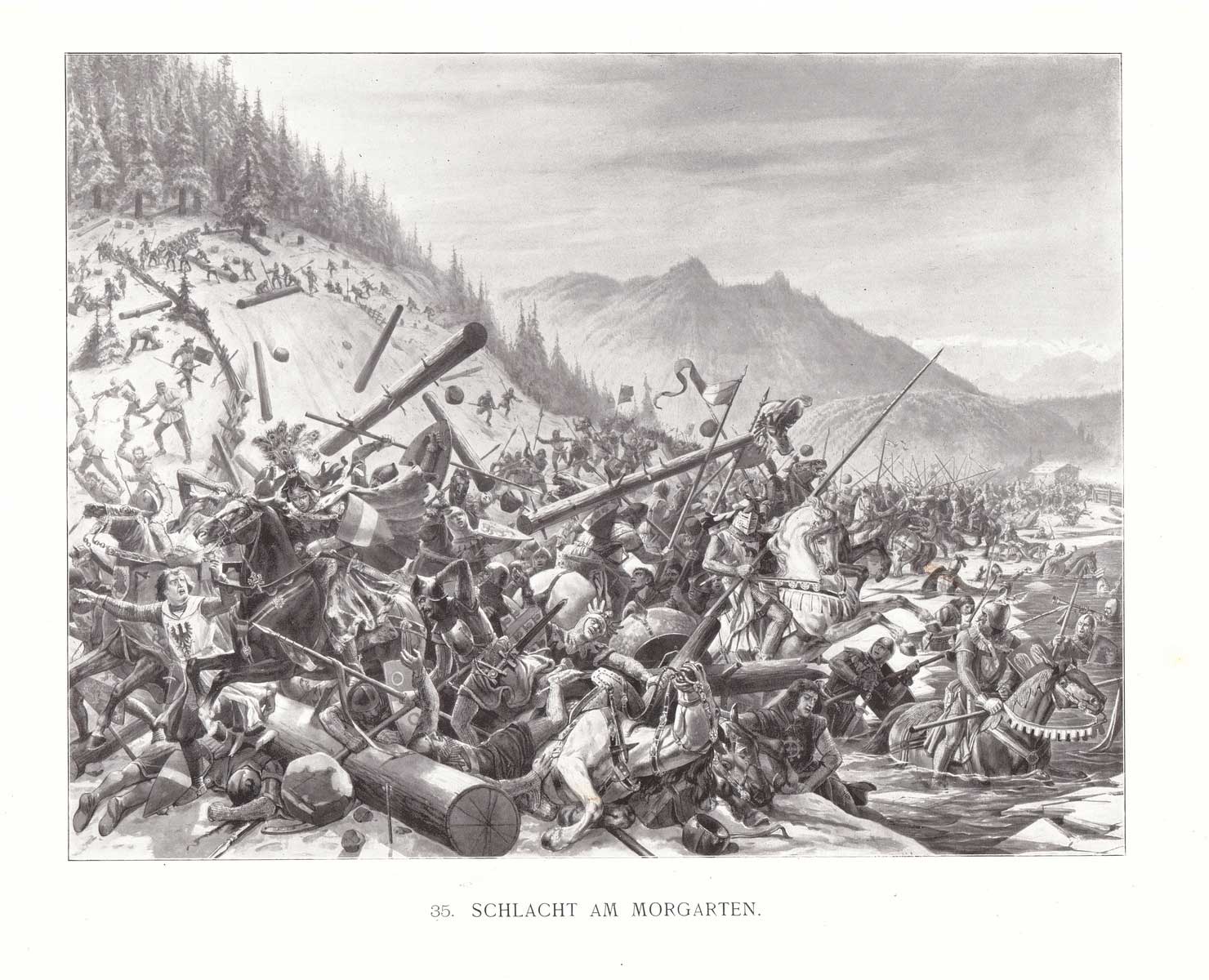 Représentation de la bataille de Morgarten par Karl Jauslin (1842-1904), vraisemblablement exagérée.