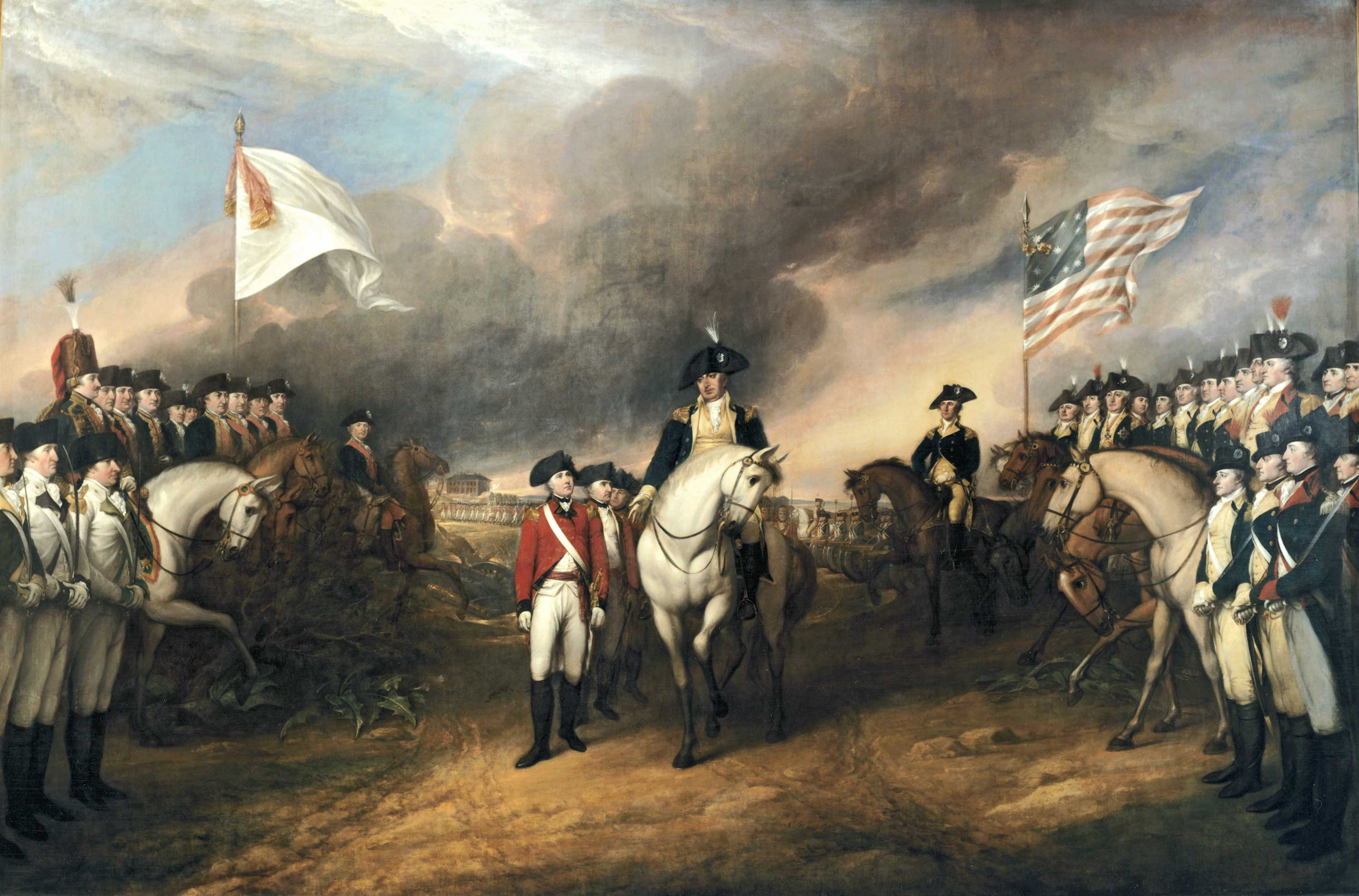 La reddition de Cornwallis à Yorktown. Les Français sont à gauche, les Américains à droite.