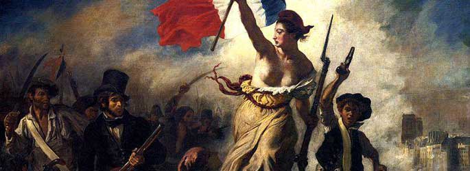 La Liberté guidant le Peuple, le célèbre chef-d'oeuvre romantique de la Révolution de 1830 peint par Eugène Delacroix (musée du Louvre). Cette œuvre représente l'allégorie de la Liberté, sous la forme d'une femme du peuple, entraînant derrière elle toutes les classes sociales, de l'étudiant au gamin des rues.