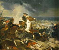 Bataille des Dunes, par Charles-Philippe Larivière (1837). Oeuvre exposée au Château de Versailles. On y voit Turenne galopant au cœur de l’action, tout en donnant ses ordres à un jeune officier.